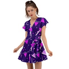 Purple Blue Geometric Pattern Flutter Sleeve Wrap Dress by Pakjumat