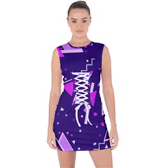 Purple Blue Geometric Pattern Lace Up Front Bodycon Dress by Pakjumat