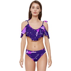 Purple Blue Geometric Pattern Ruffle Edge Tie Up Bikini Set	 by Pakjumat