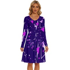 Purple Blue Geometric Pattern Long Sleeve Dress With Pocket by Pakjumat