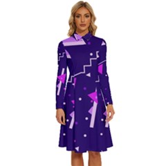 Purple Blue Geometric Pattern Long Sleeve Shirt Collar A-line Dress