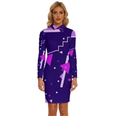 Purple Blue Geometric Pattern Long Sleeve Shirt Collar Bodycon Dress by Pakjumat