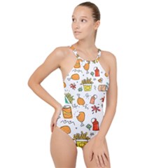 Cute Sketch Set Child Fun Funny High Neck One Piece Swimsuit