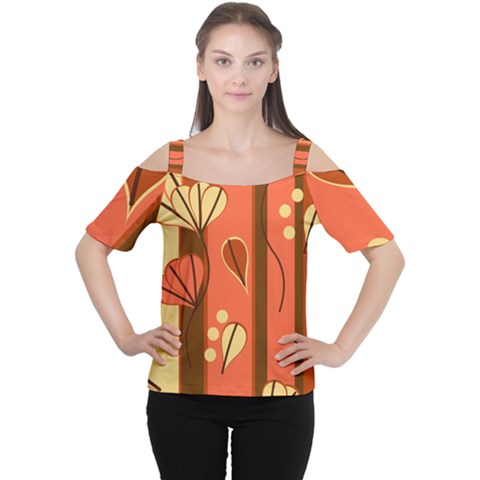 Amber Yellow Stripes Leaves Floral Cutout Shoulder T-shirt by Pakjumat