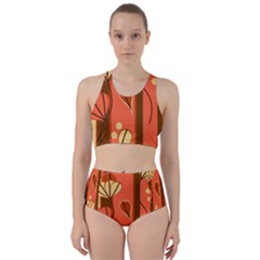 Amber Yellow Stripes Leaves Floral Racer Back Bikini Set by Pakjumat