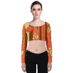 Amber Yellow Stripes Leaves Floral Velvet Long Sleeve Crop Top by Pakjumat