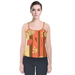 Amber Yellow Stripes Leaves Floral Velvet Spaghetti Strap Top by Pakjumat