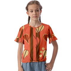 Amber Yellow Stripes Leaves Floral Kids  Cuff Sleeve Scrunch Bottom T-shirt