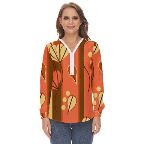 Amber Yellow Stripes Leaves Floral Zip Up Long Sleeve Blouse by Pakjumat