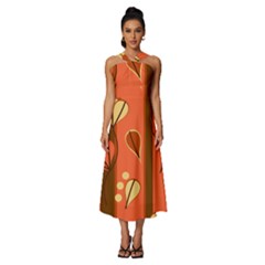 Amber Yellow Stripes Leaves Floral Sleeveless Cross Front Cocktail Midi Chiffon Dress by Pakjumat