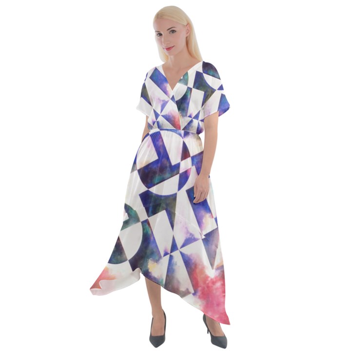 Abstract Art Work 1 Cross Front Sharkbite Hem Maxi Dress