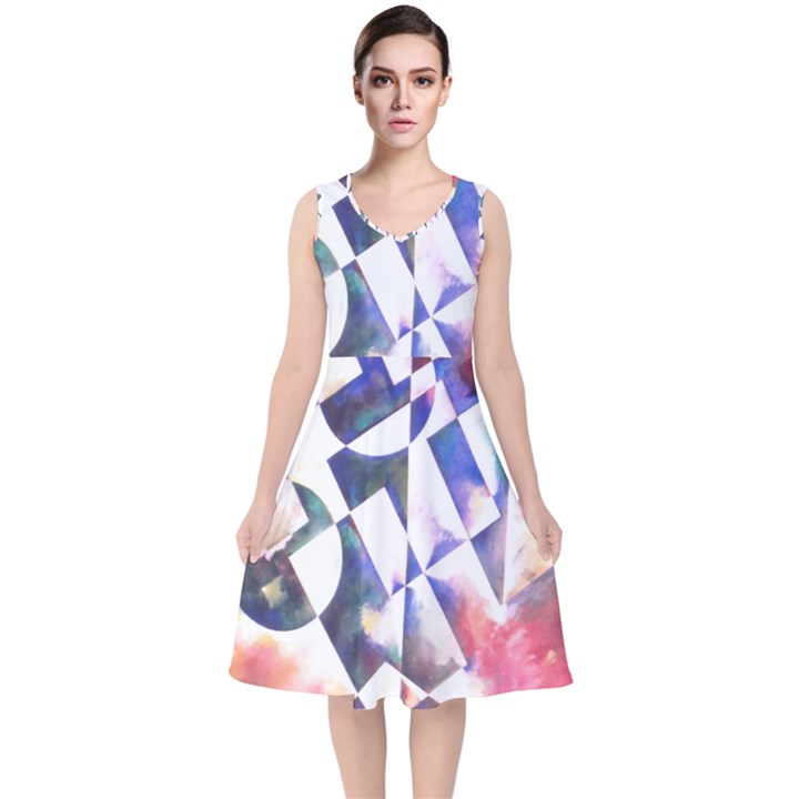 Abstract Art Work 1 V-Neck Midi Sleeveless Dress 