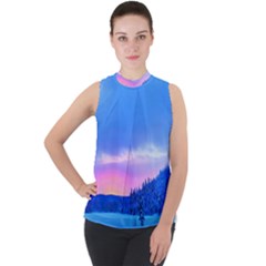 Winter Landscape Snow Forest Trees Mock Neck Chiffon Sleeveless Top