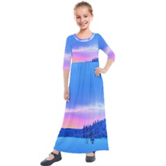 Winter Landscape Snow Forest Trees Kids  Quarter Sleeve Maxi Dress