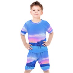 Winter Landscape Snow Forest Trees Kids  T-shirt And Shorts Set