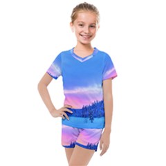 Winter Landscape Snow Forest Trees Kids  Mesh T-shirt And Shorts Set