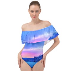 Winter Landscape Snow Forest Trees Off Shoulder Velour Bodysuit 