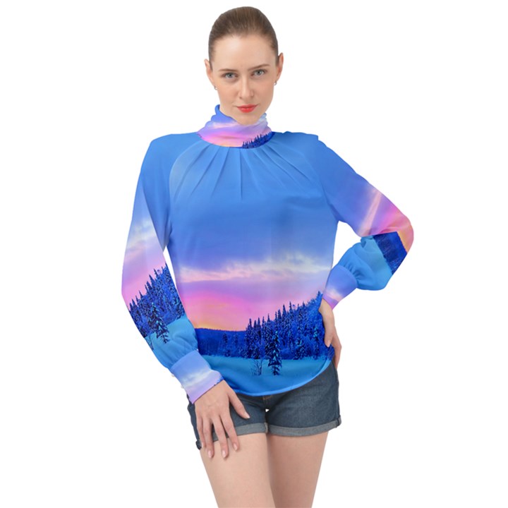 Winter Landscape Snow Forest Trees High Neck Long Sleeve Chiffon Top