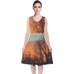 Twilight Sunset Sky Evening Clouds V-neck Midi Sleeveless Dress  by Amaryn4rt