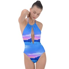 Winter Landscape Snow Forest Trees Plunge Cut Halter Swimsuit