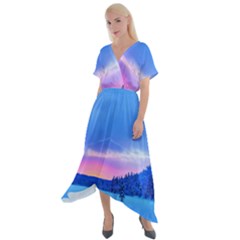 Winter Landscape Snow Forest Trees Cross Front Sharkbite Hem Maxi Dress