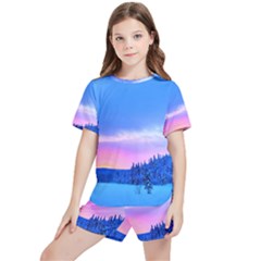 Winter Landscape Snow Forest Trees Kids  T-shirt And Sports Shorts Set