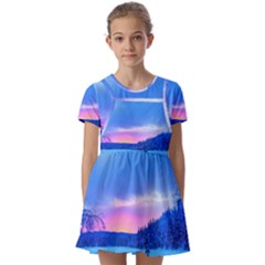 Winter Landscape Snow Forest Trees Kids  Short Sleeve Pinafore Style Dress