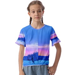 Winter Landscape Snow Forest Trees Kids  Cuff Sleeve Scrunch Bottom T-shirt