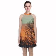 Twilight Sunset Sky Evening Clouds Velvet Halter Neckline Dress 