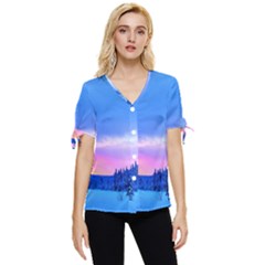 Winter Landscape Snow Forest Trees Bow Sleeve Button Up Top