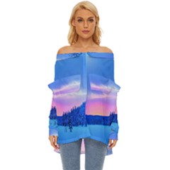 Winter Landscape Snow Forest Trees Off Shoulder Chiffon Pocket Shirt