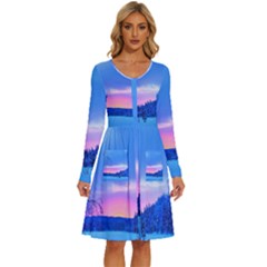 Winter Landscape Snow Forest Trees Long Sleeve Dress With Pocket