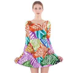 Zebra Colorful Abstract Collage Long Sleeve Velvet Skater Dress