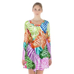 Zebra Colorful Abstract Collage Long Sleeve Velvet V-neck Dress