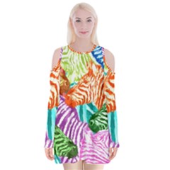 Zebra Colorful Abstract Collage Velvet Long Sleeve Shoulder Cutout Dress