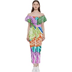 Zebra Colorful Abstract Collage Bardot Ruffle Jumpsuit