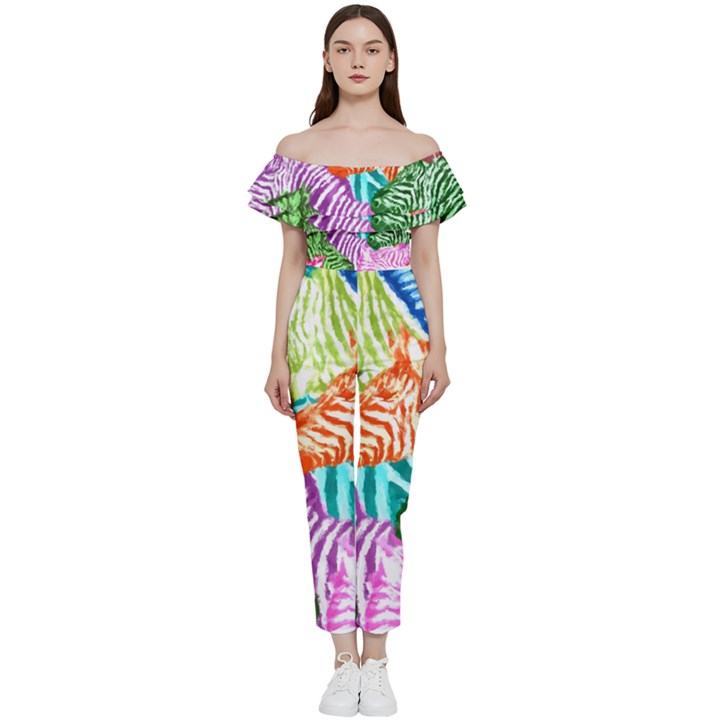 Zebra Colorful Abstract Collage Bardot Ruffle jumpsuit