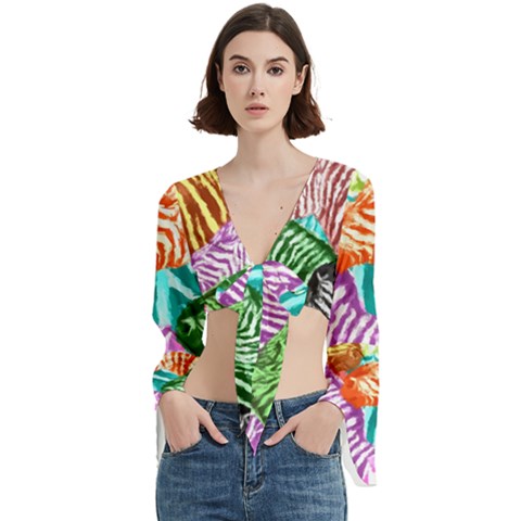 Zebra Colorful Abstract Collage Trumpet Sleeve Cropped Top by Amaryn4rt