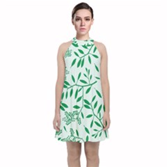 Leaves Foliage Green Wallpaper Velvet Halter Neckline Dress 