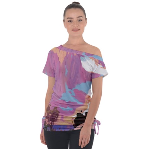 Pink Mountains Grand Canyon Psychedelic Mountain Off Shoulder Tie-up T-shirt by Modalart