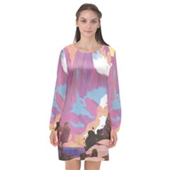 Pink Mountains Grand Canyon Psychedelic Mountain Long Sleeve Chiffon Shift Dress 