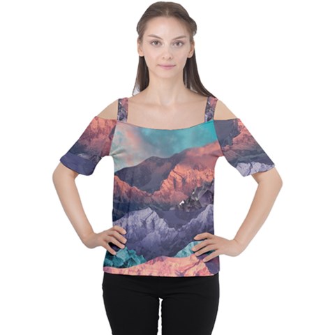 Adventure Psychedelic Mountain Cutout Shoulder T-shirt by Modalart