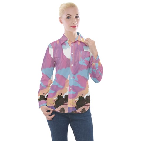 Pink Mountains Grand Canyon Psychedelic Mountain Women s Long Sleeve Pocket Shirt by Modalart