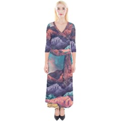 Adventure Psychedelic Mountain Quarter Sleeve Wrap Maxi Dress