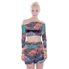 Adventure Psychedelic Mountain Off Shoulder Top With Mini Skirt Set