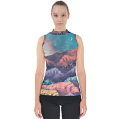 Adventure Psychedelic Mountain Mock Neck Shell Top by Modalart