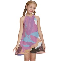 Pink Mountains Grand Canyon Psychedelic Mountain Kids  Halter Collar Waist Tie Chiffon Dress by Modalart