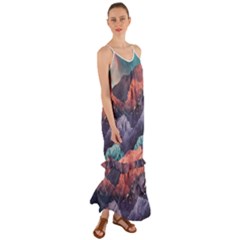 Adventure Psychedelic Mountain Cami Maxi Ruffle Chiffon Dress by Modalart