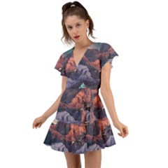 Adventure Psychedelic Mountain Flutter Sleeve Wrap Dress by Modalart