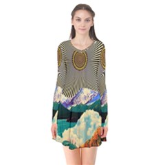 Surreal Art Psychadelic Mountain Long Sleeve V-neck Flare Dress by Modalart